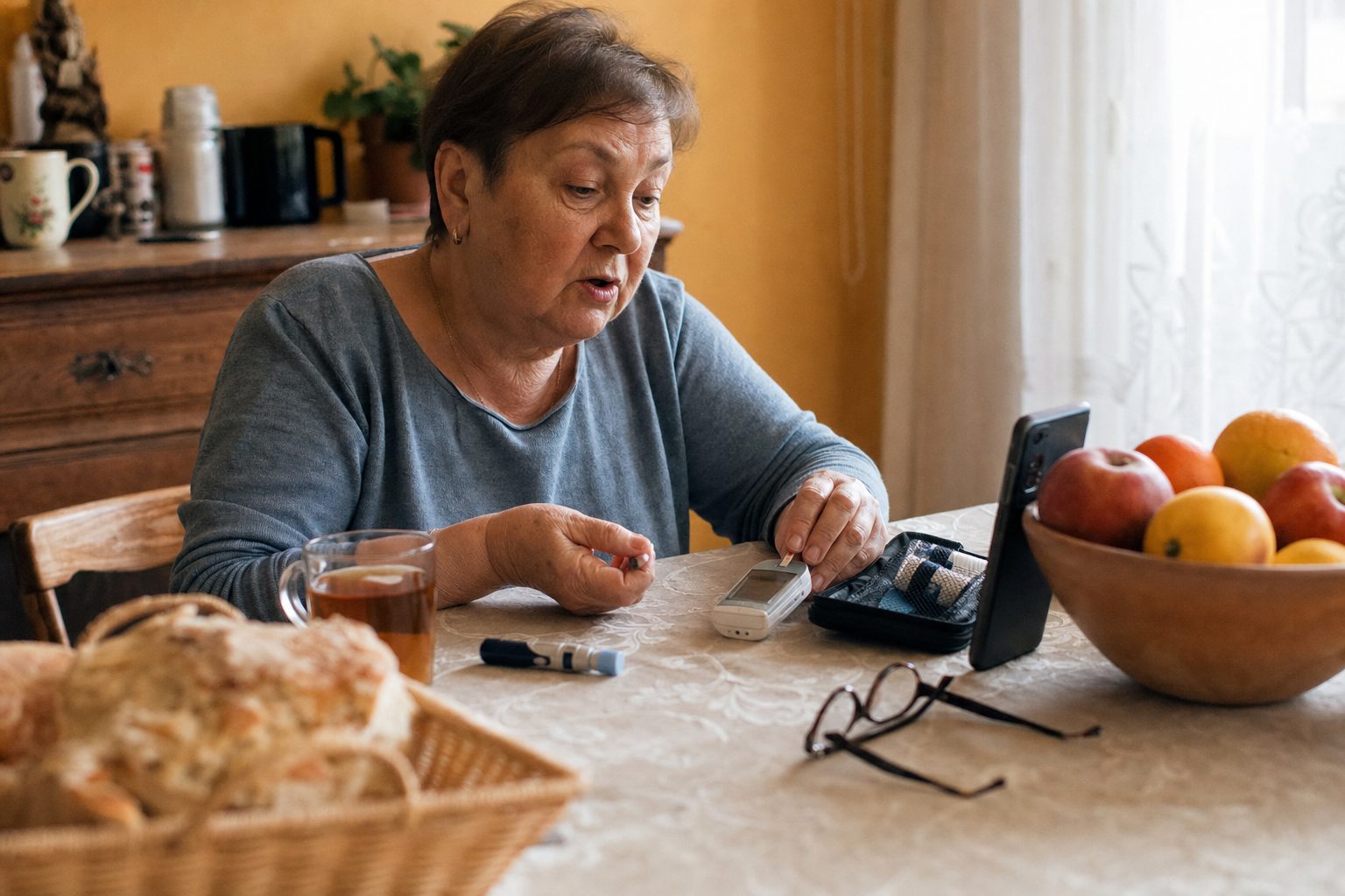 Pacjentka w trakcie telekonsultacji przy stole, telefon oparty o koszyk z owocami