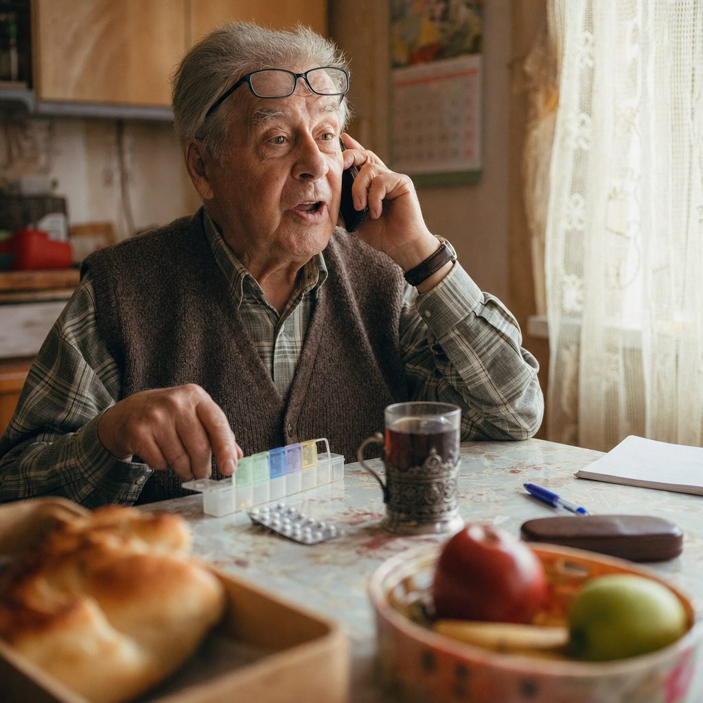 Starszy pan rozmawia z lekarzem przez telefon przy kuchennym stole, obok kasetka na leki
