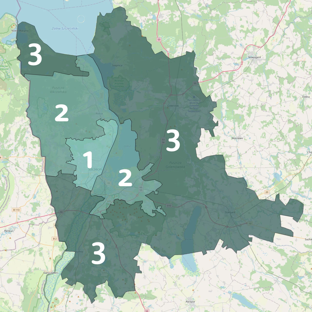 Mapa stref dojazdu 1-3 wizyt domowych Mediwizyty: Szczecin w strefie 1-2, okoliczne gminy w strefie 3; cenę strefy potwierdzamy przy zamówieniu