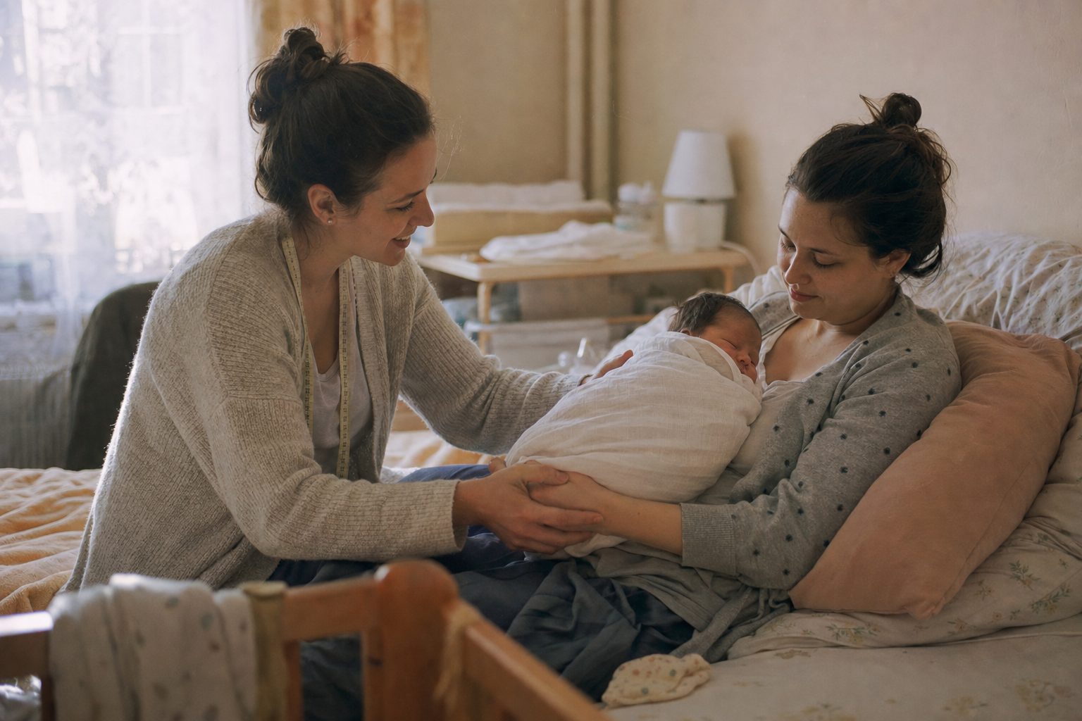 Położna bada noworodka leżącego na kocyku, obok mama na łóżku